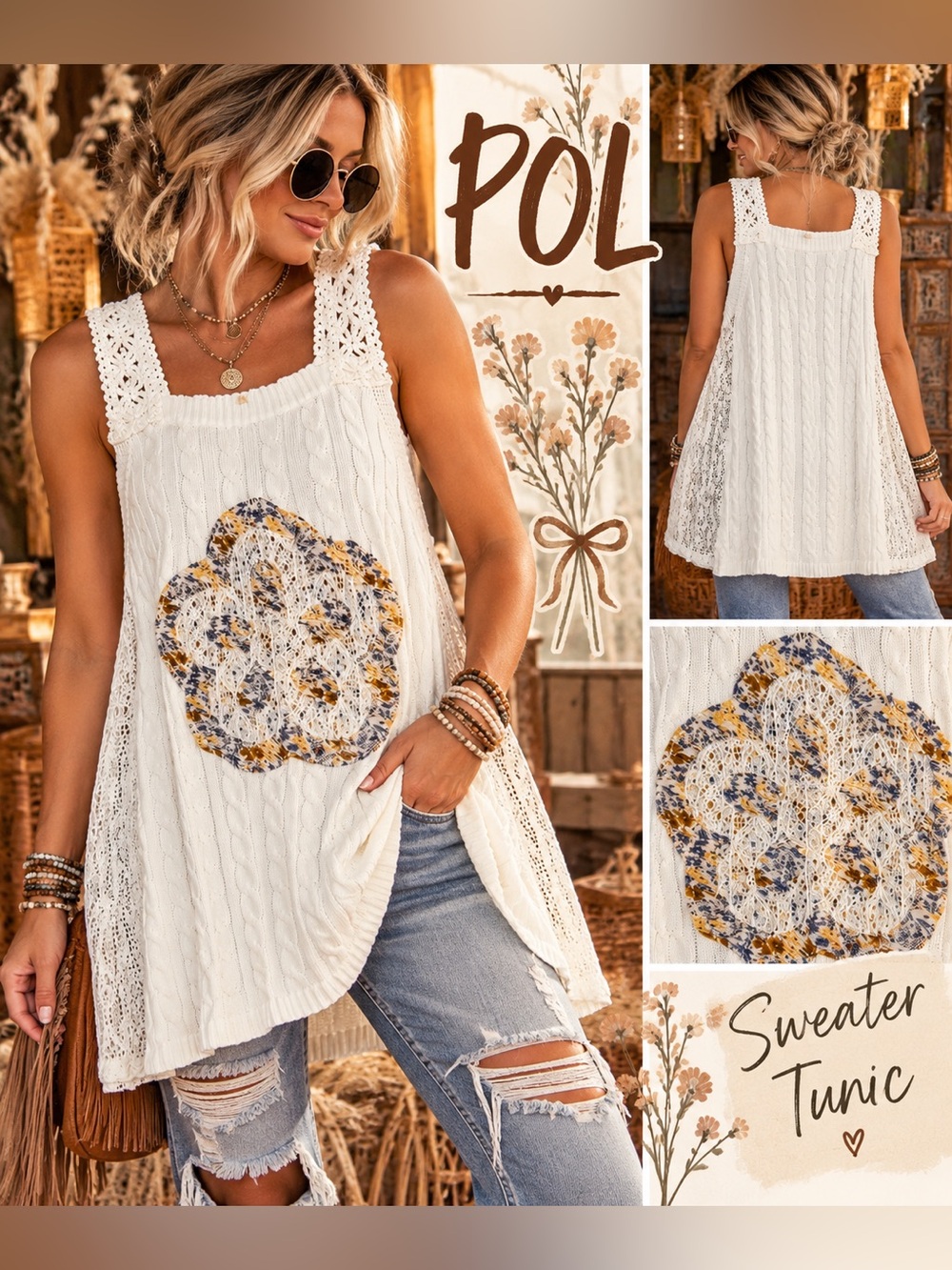 POL Boho Cable Knit Sweater Tunic Dress Crochet Lace Floral Patch Size M